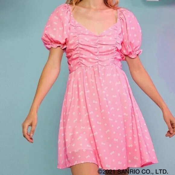 Shein X Hello Kitty & Friends Size L Pink Polka Dot Puff Sleeve Ruched Dress - Picture 1 of 16